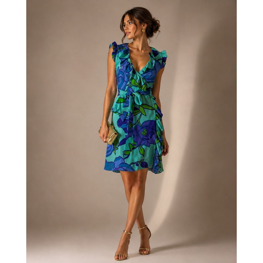 Kate Spade Silk Wrap Dress 2 Blue Floral Ruffle Sleeveless Feminine Quiet luxury